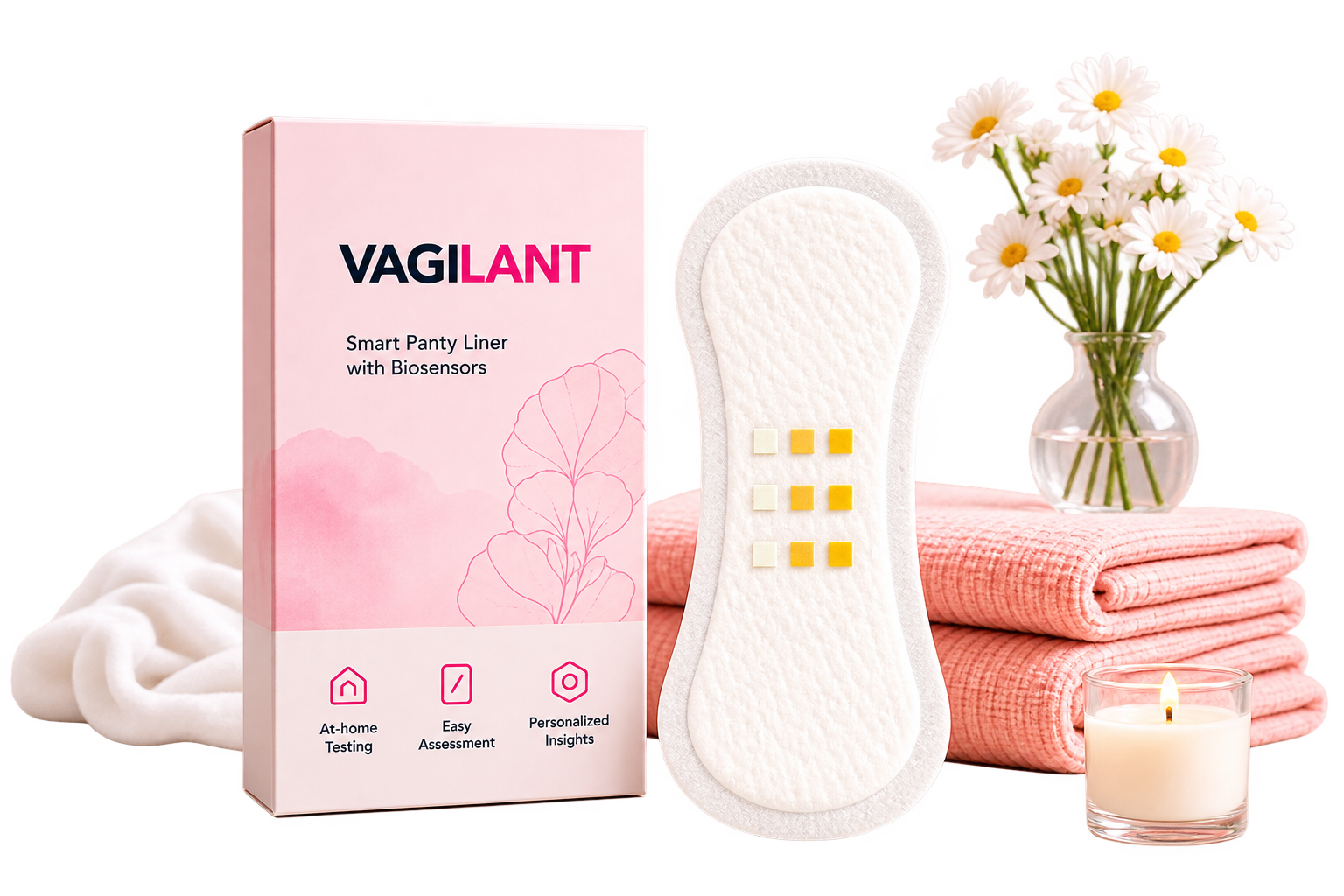 Vagilant smart panty liner with biosensors, shown with its retail box